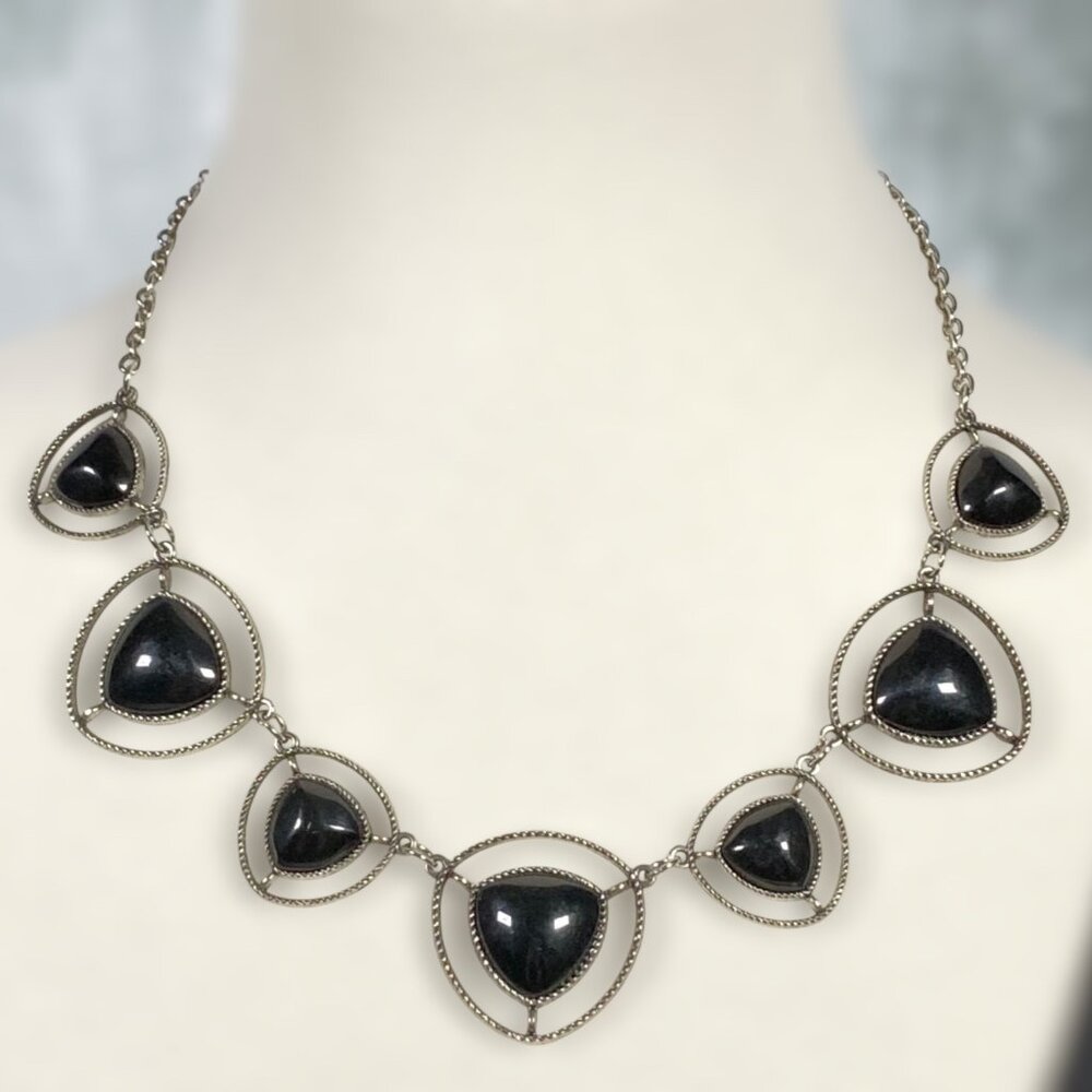 Black Silver Tone Cabochon Necklace Geometric Unique Statement Retro Glam Goth